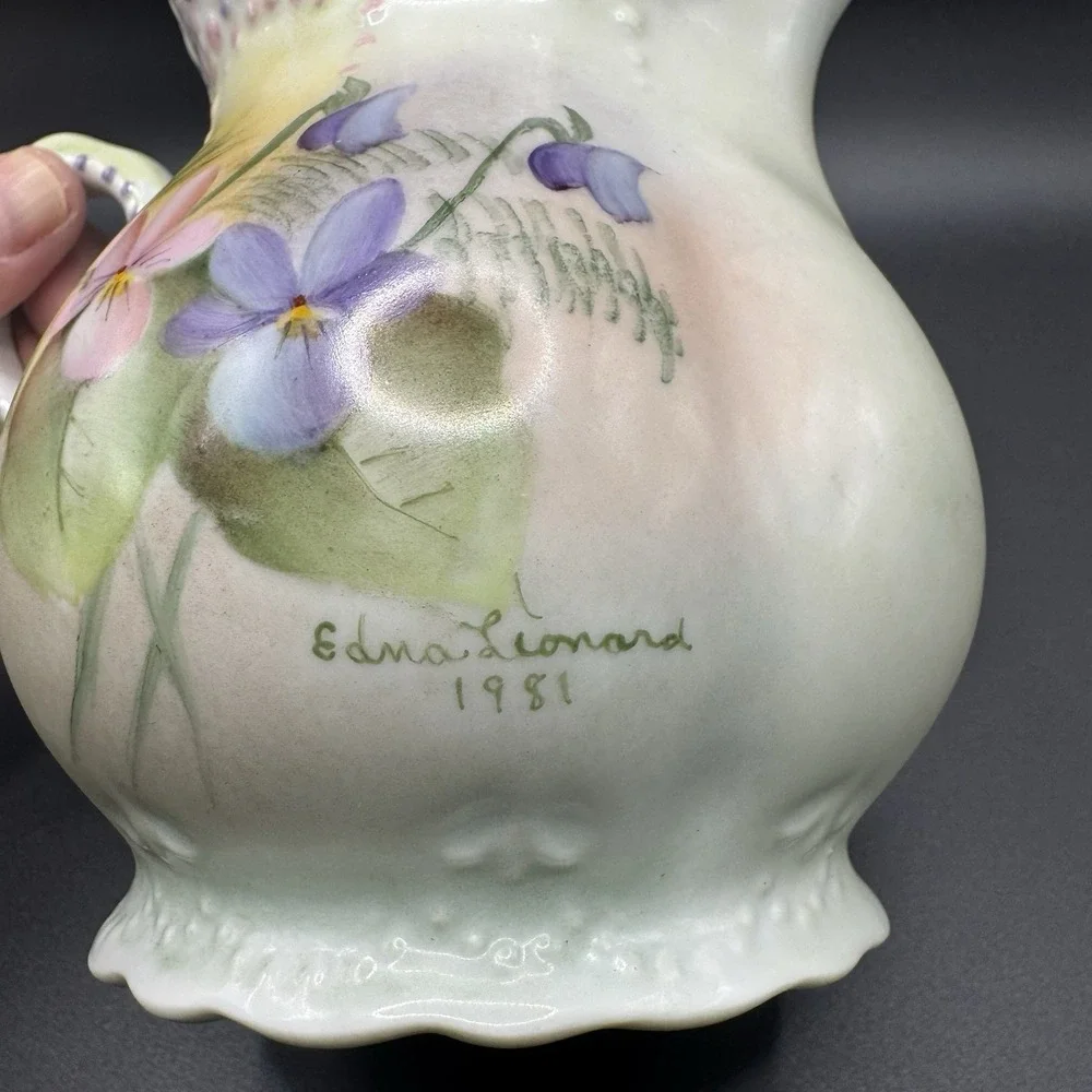 Vintage 1981 Hand-Painted Floral Porcelain Large Creamer Milk Pitcher